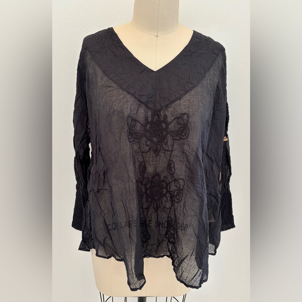 Ewa I Walla Rosmari Embroidered Top NWT Black Crinkled Cotton Organdy M